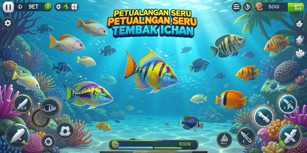 Tampilan gameplay seru dalam 9ET, menembak ikan dengan grafis memukau.