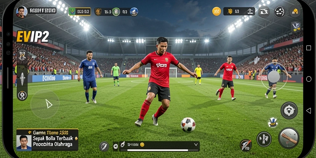 Screenshot gameplay EVIP2 yang menunjukkan aksi seru di lapangan sepak bola.