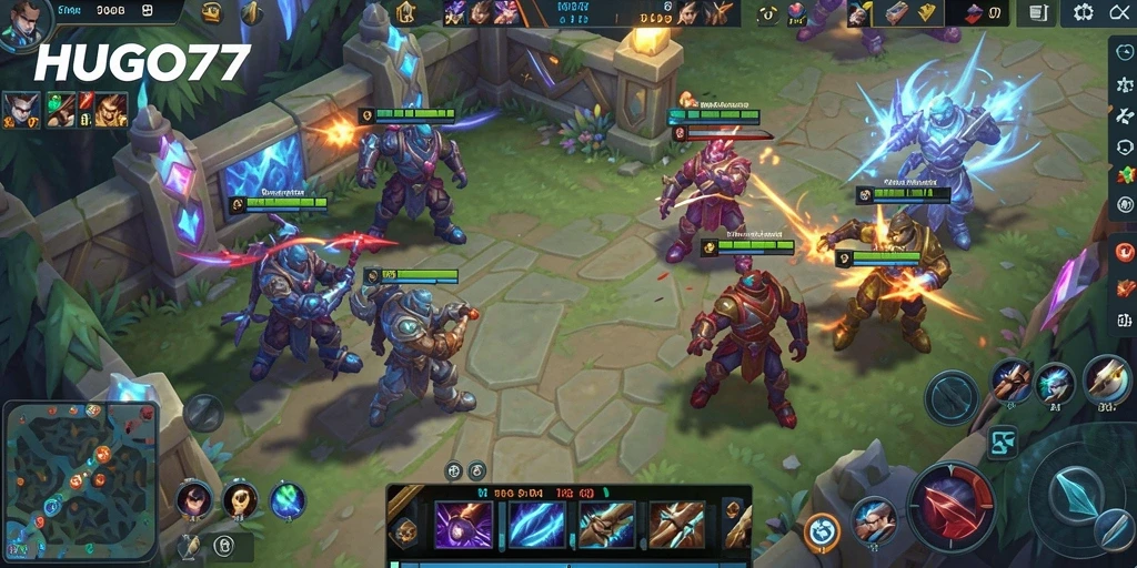 Screenshot gameplay HUGO77 menampilkan pertempuran epik di arena MOBA.