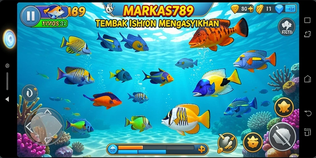 Tampilan gameplay seru dalam MARKAS789 saat menembak ikan.