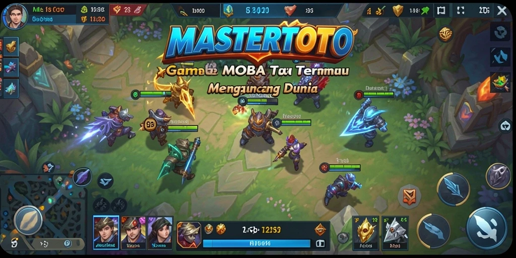 Screenshot MASTERTOTO menampilkan pertarungan karakter dalam arena pertempuran MOBA.