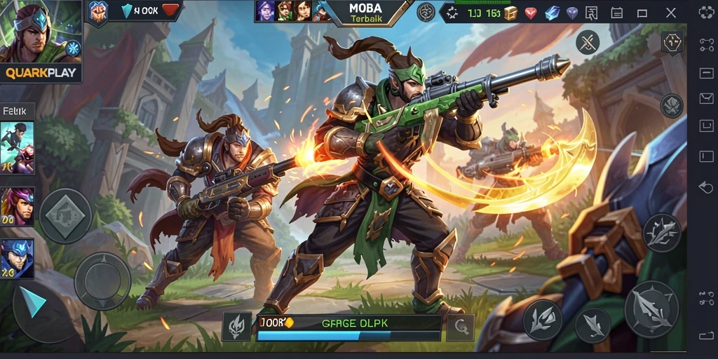 Screenshot menampilkan tim bertarung dalam pertempuran seru di arena MOBA.