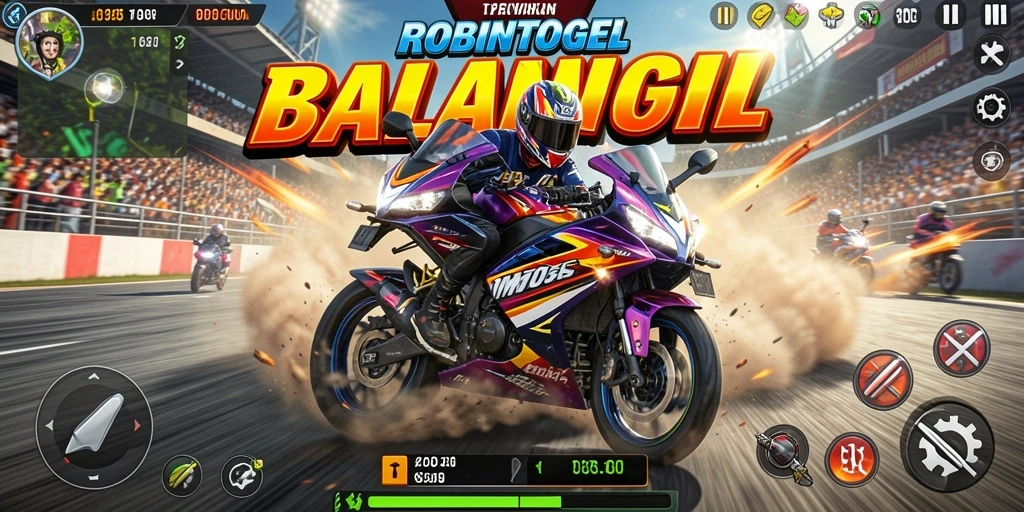Tampilan gameplay <strong>ROBINTOGEL</strong> yang mendebarkan saat balapan motor.