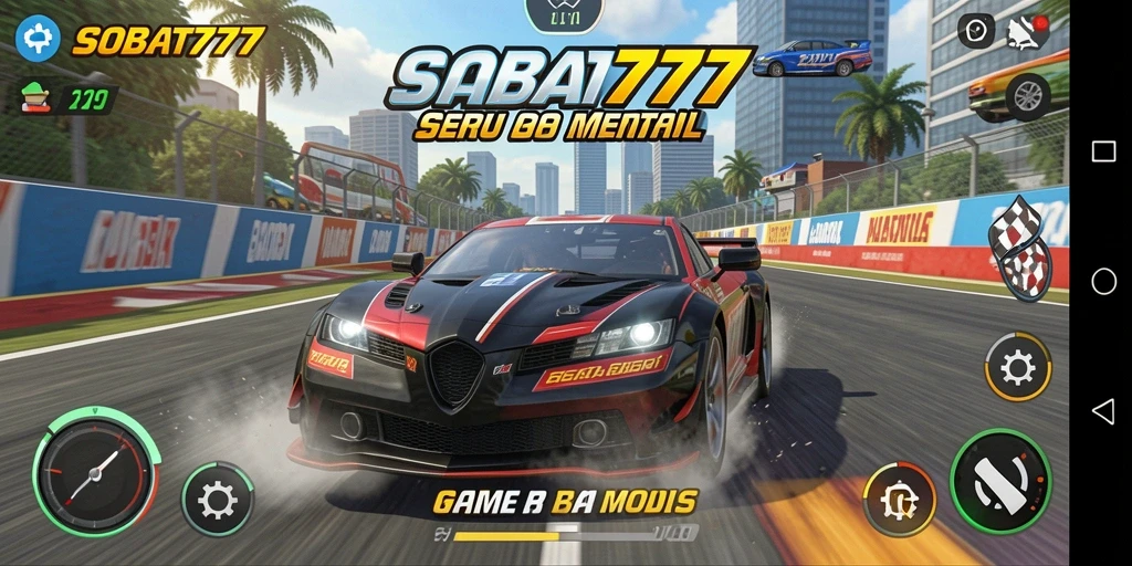 Tampilan gameplay seru dari SOBAT777 saat balapan di jalanan.