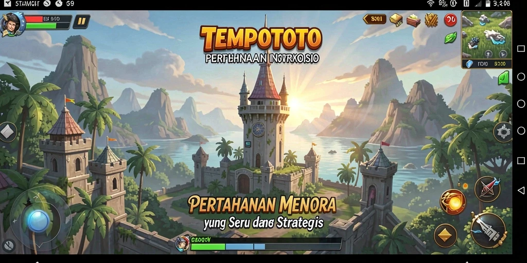 Tampilan gameplay TEMPOTOTO menampilkan menara yang menyerang musuh dengan strategi cerdas.